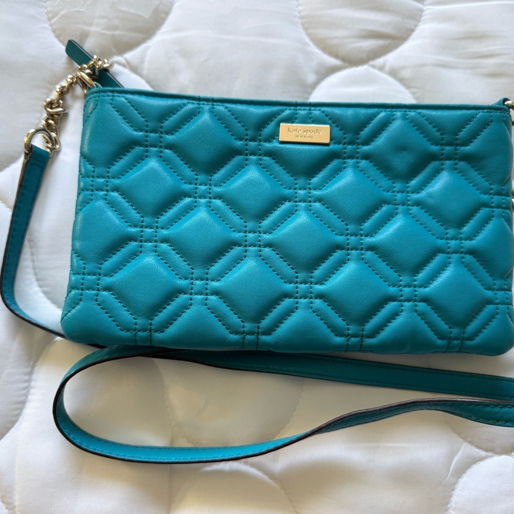 Kate Spade Blue Quilted Clutch with Gold Accents